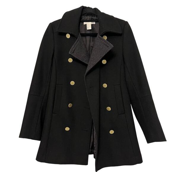 H&M Double Breasted Peacoat Wool Blend Jacket Black Gold Size 2 Buttons Warm Y2K - Picture 1 of 10